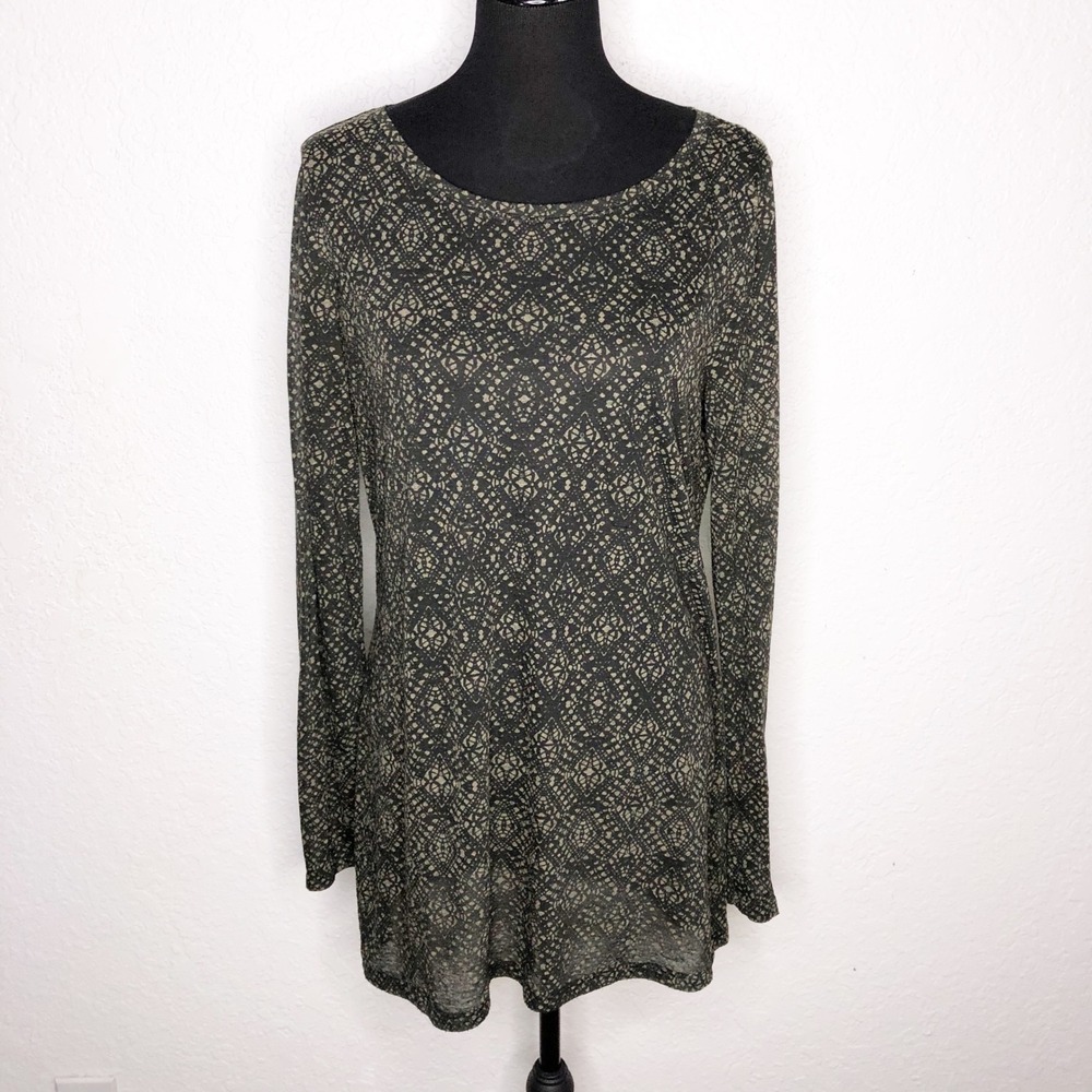 Peruvian Connection Long Sleeve Tunic Top L Olive Green Black Geometric Print